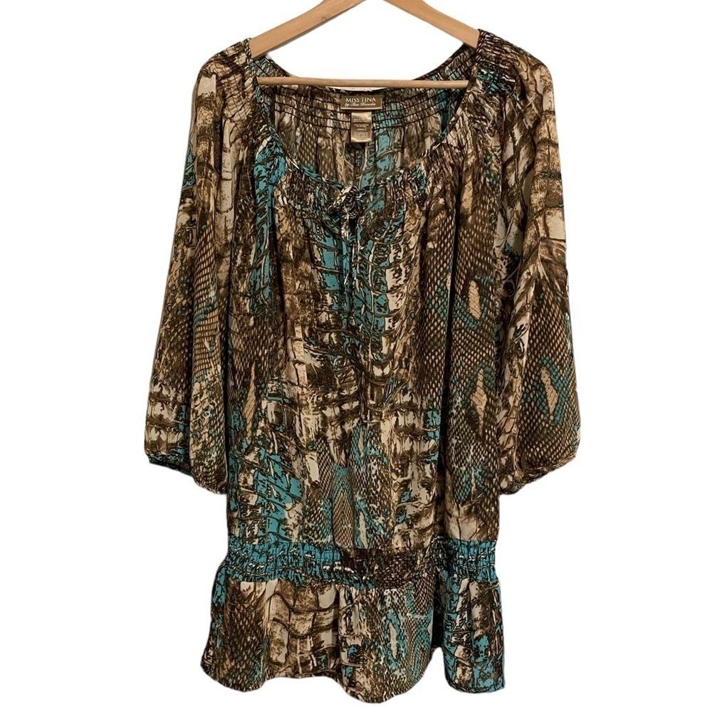 Miss Tina Womens Size XL Smocked Sheer Snakeskin Print Half Length Sleeve Blouse